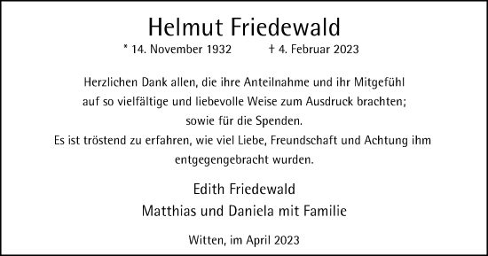 Traueranzeige von Helmut Friedewald von Tageszeitung