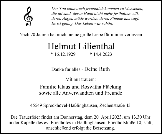 Traueranzeige von Helmut Lilienthal von Tageszeitung