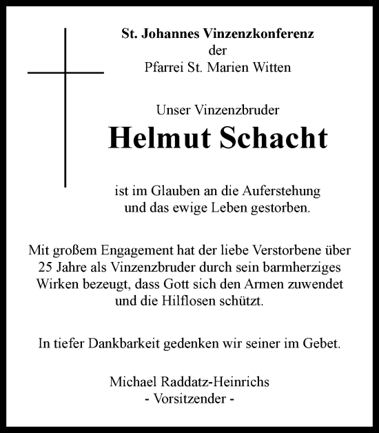 Traueranzeige von Helmut Schacht von Tageszeitung