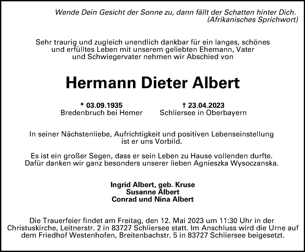  Traueranzeige für Hermann Dieter Albert vom 29.04.2023 aus Tageszeitung
