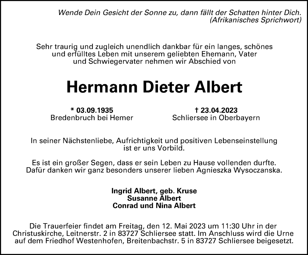  Traueranzeige für Hermann Dieter Albert vom 29.04.2023 aus Tageszeitung