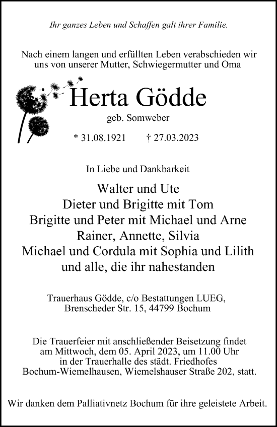Traueranzeige von Herta Gödde von Tageszeitung