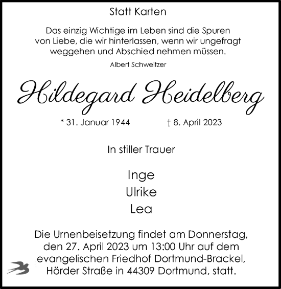 Traueranzeige von Hildegard Heidelberg von Tageszeitung