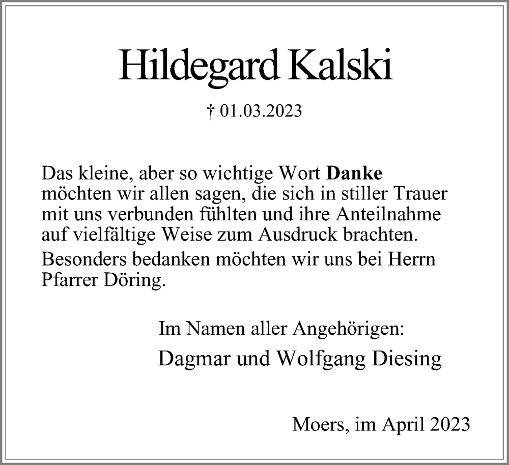  Traueranzeige für Hildegard Kalski vom 08.04.2023 aus Tageszeitung