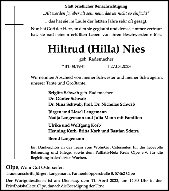 Traueranzeige von Hiltrud Nies von Tageszeitung