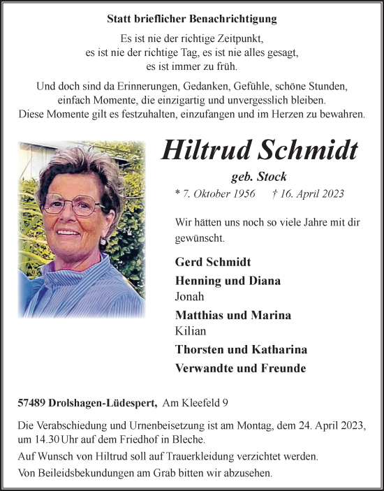 Traueranzeige von Hiltrud Schmidt von Tageszeitung