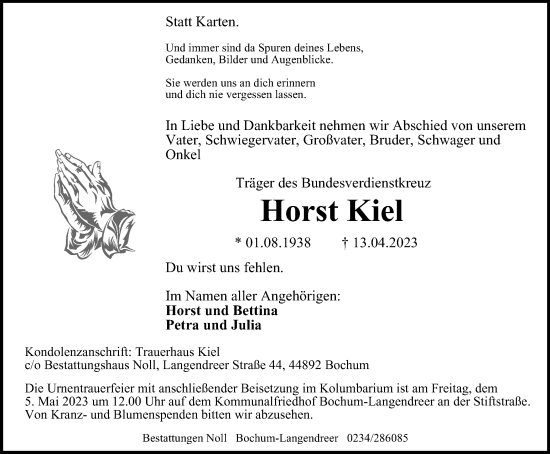 Traueranzeige von Horst Kiel von Tageszeitung