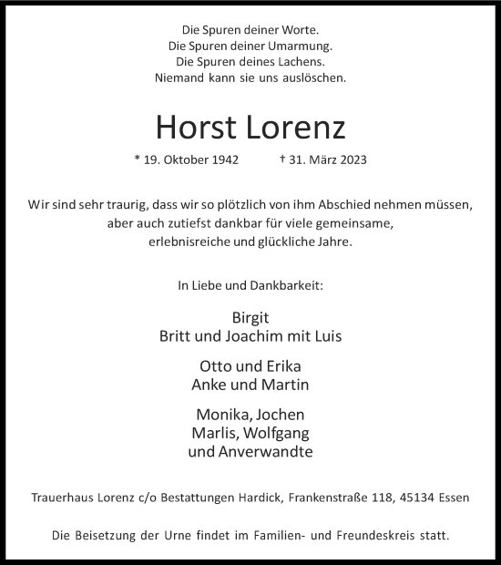Traueranzeige von Horst Lorenz von Tageszeitung