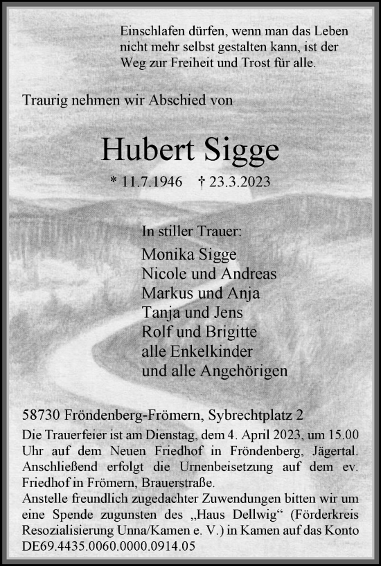Traueranzeige von Hubert Sigge von Tageszeitung