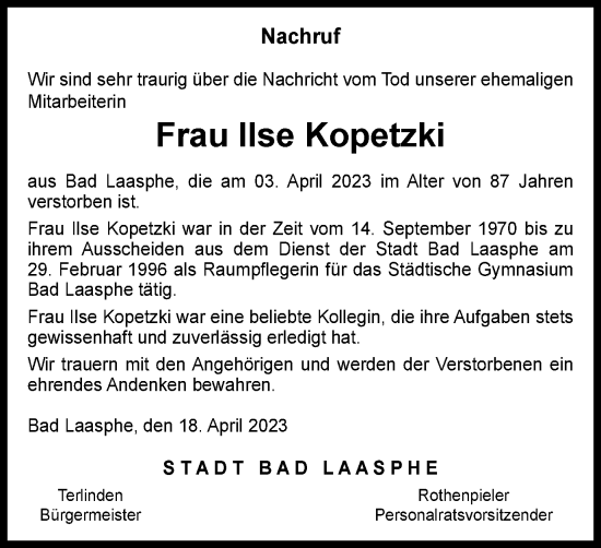 Traueranzeige von Ilse Kopetzki von Tageszeitung
