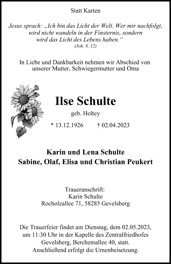Traueranzeige von Ilse Schulte von Tageszeitung