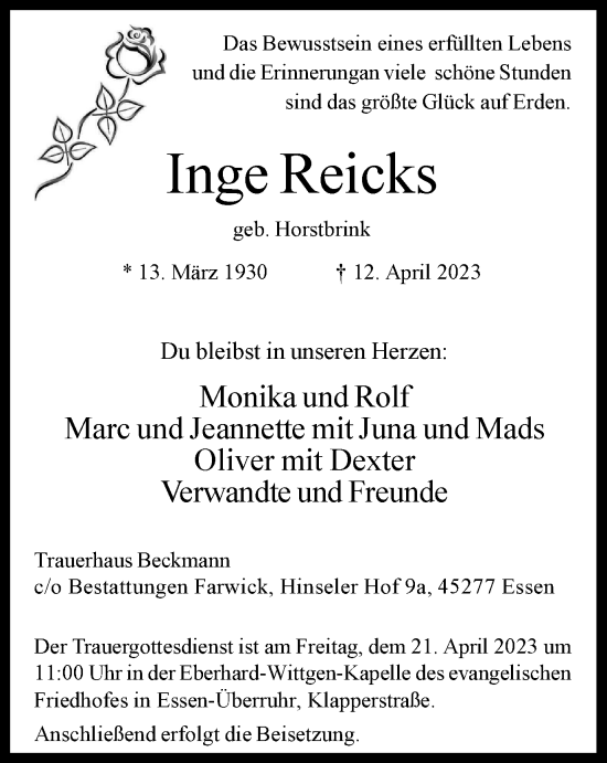 Traueranzeige von Inge Reicks von Tageszeitung