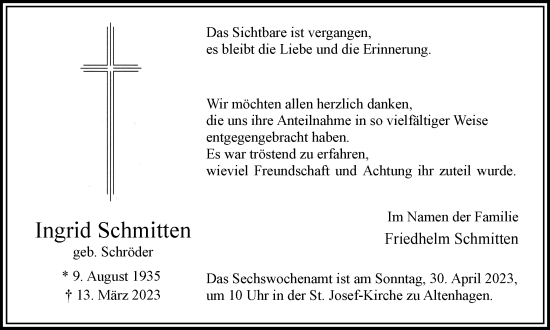 Traueranzeige von Ingrid Schmitten von Tageszeitung