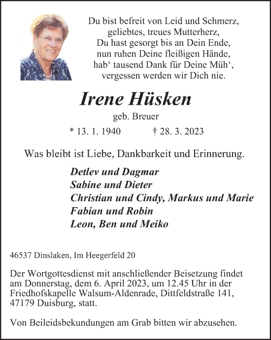 Traueranzeige von Irene Hüsken von Tageszeitung