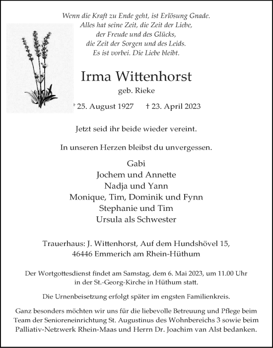 Traueranzeige von Irma Wittenhorst von Tageszeitung