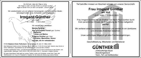 Traueranzeige von Irmgard Günther von Tageszeitung