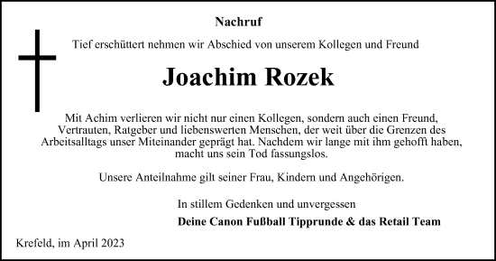 Traueranzeige von Joachim Rozek von Tageszeitung