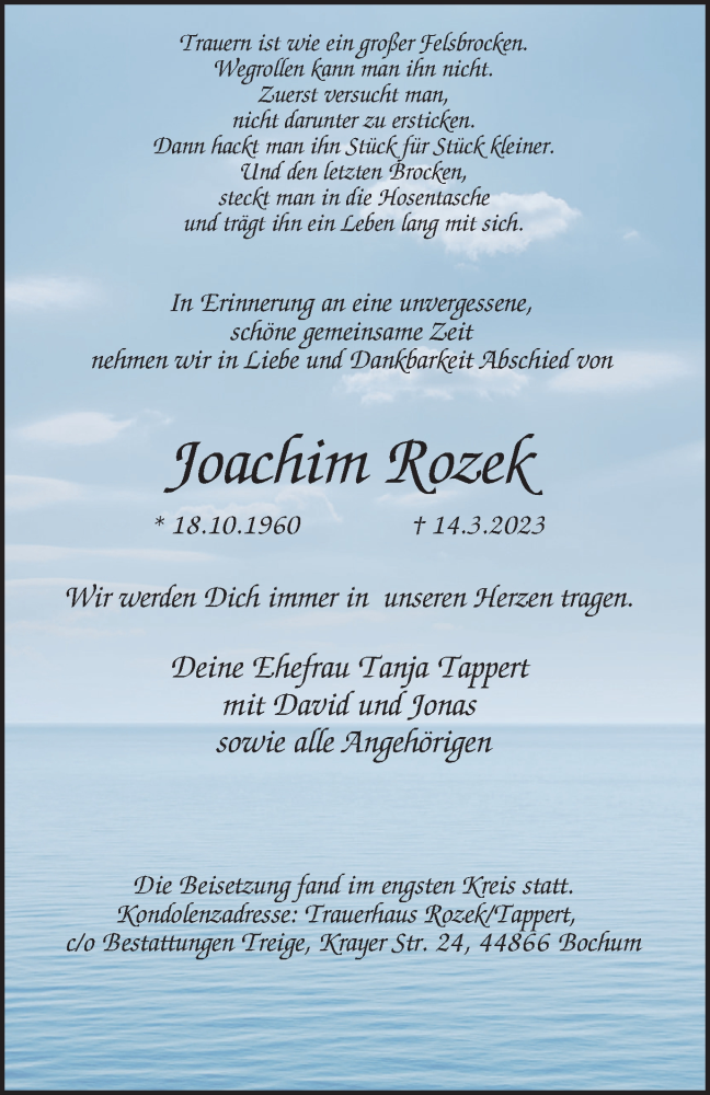  Traueranzeige für Joachim Rozek vom 01.04.2023 aus Tageszeitung