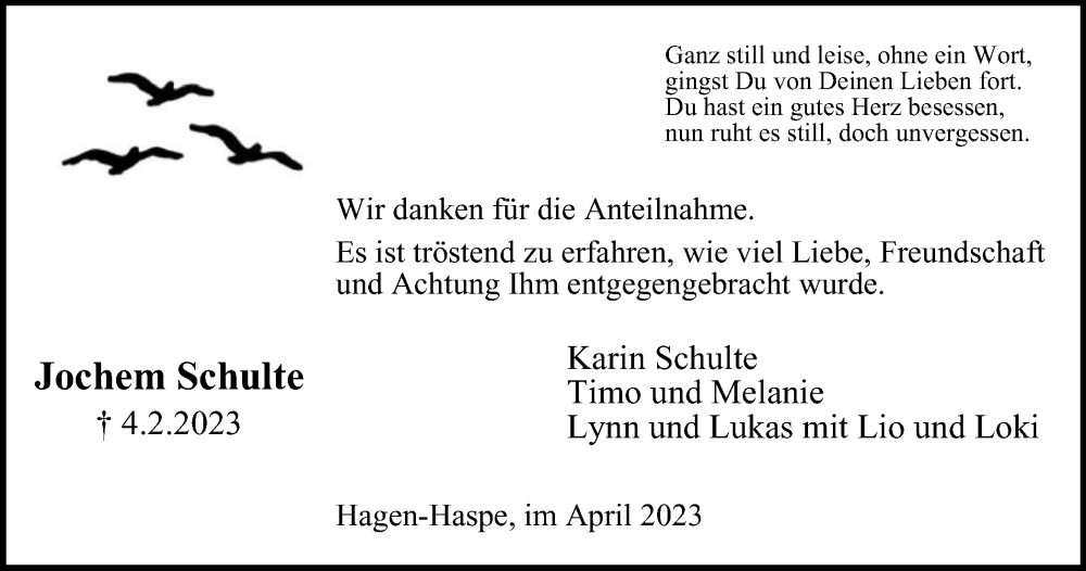  Traueranzeige für Jochem Schulte vom 01.04.2023 aus Tageszeitung