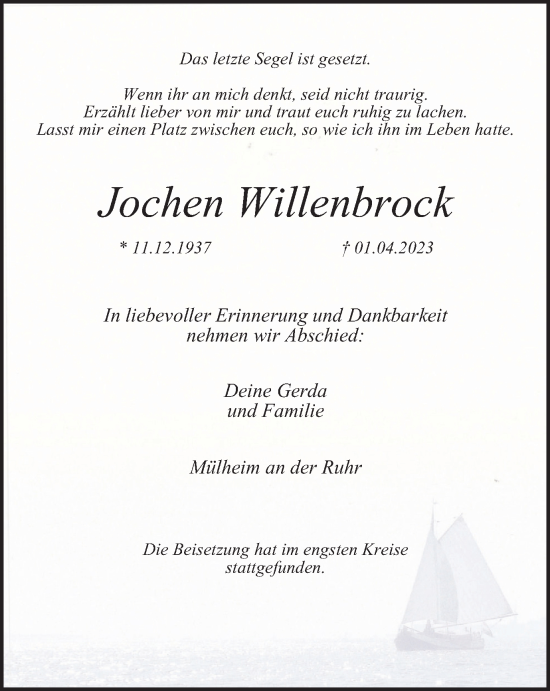 Traueranzeige von Jochen Willenbrock von Tageszeitung