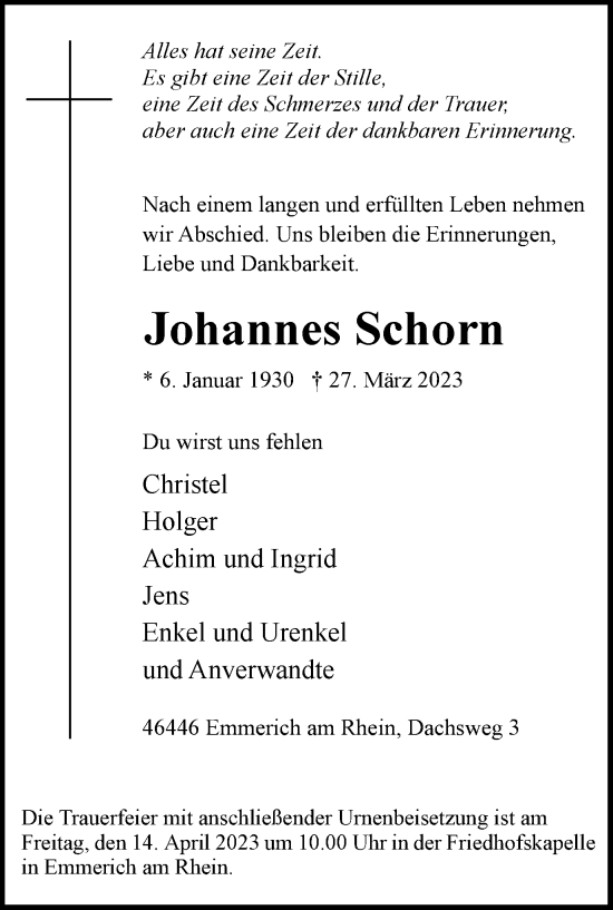 Traueranzeige von Johannes Schorn von Tageszeitung