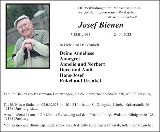 Traueranzeige von Josef Bienen von Tageszeitung