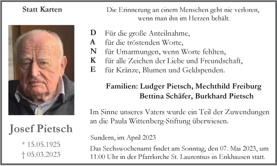 Traueranzeige von Josef Pietsch von Tageszeitung