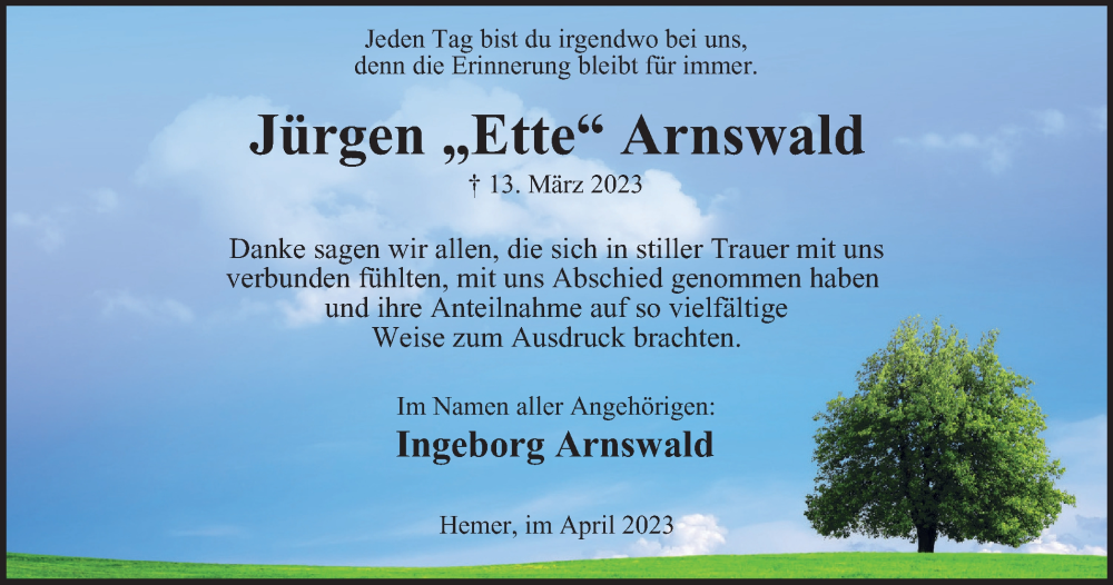  Traueranzeige für Jürgen Arnswald vom 15.04.2023 aus Tageszeitung