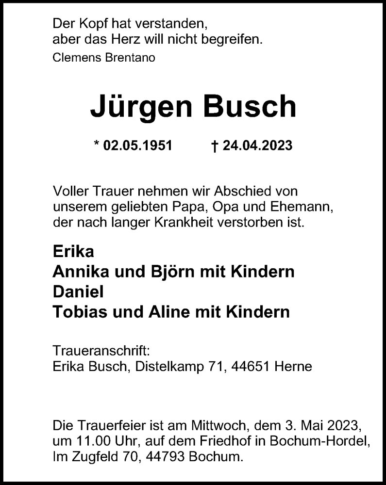  Traueranzeige für Jürgen Busch vom 29.04.2023 aus Tageszeitung