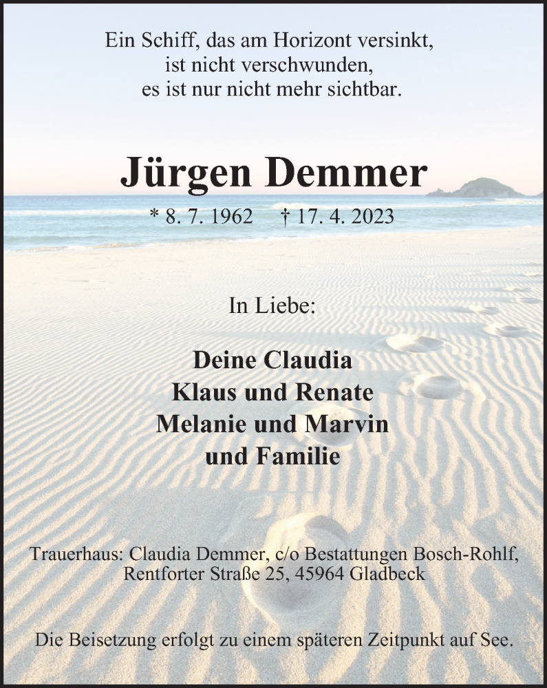  Traueranzeige für Jürgen Demmer vom 29.04.2023 aus Tageszeitung