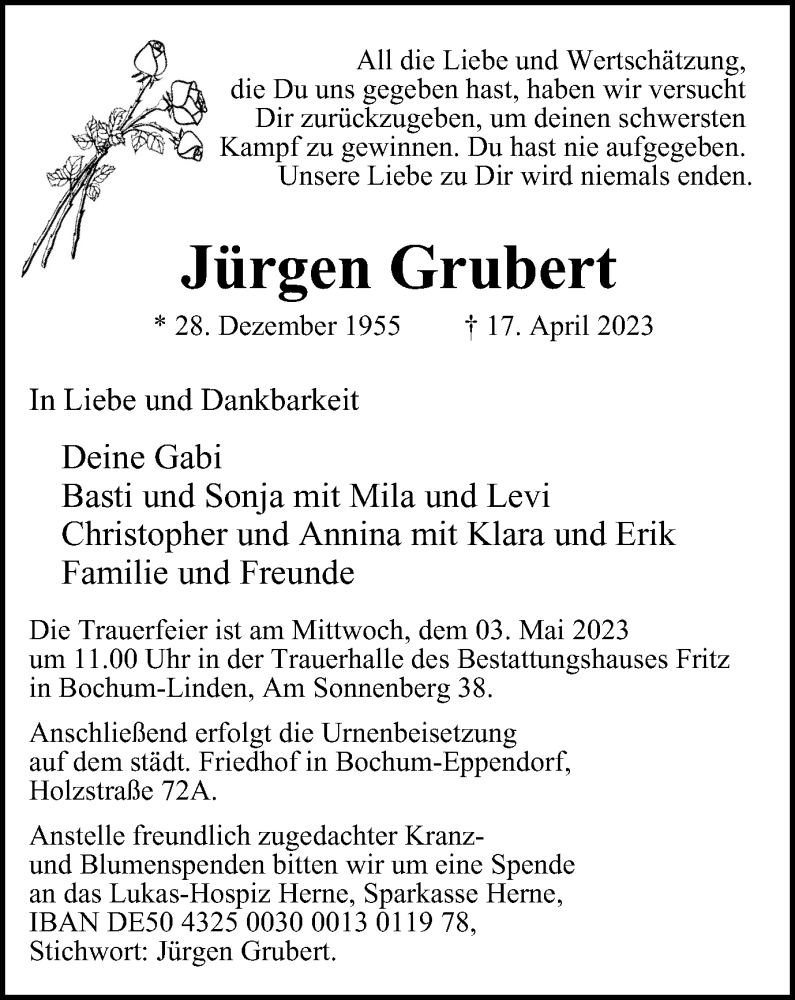  Traueranzeige für Jürgen Grubert vom 22.04.2023 aus Tageszeitung