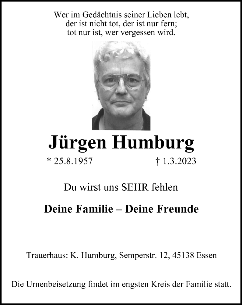  Traueranzeige für Jürgen Humburg vom 01.04.2023 aus Tageszeitung