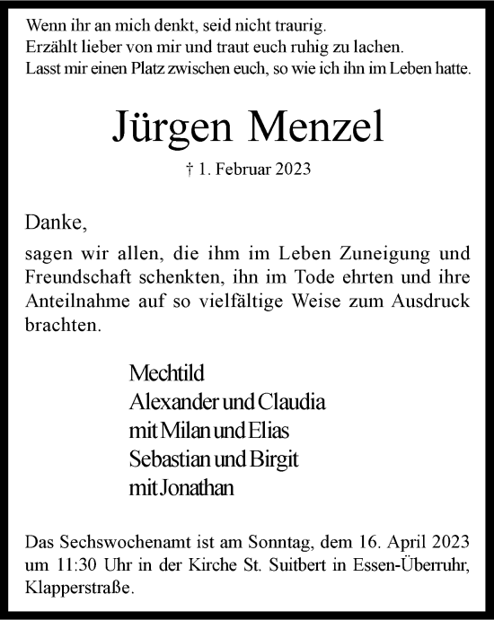 Traueranzeige von Jürgen Menzel von Tageszeitung