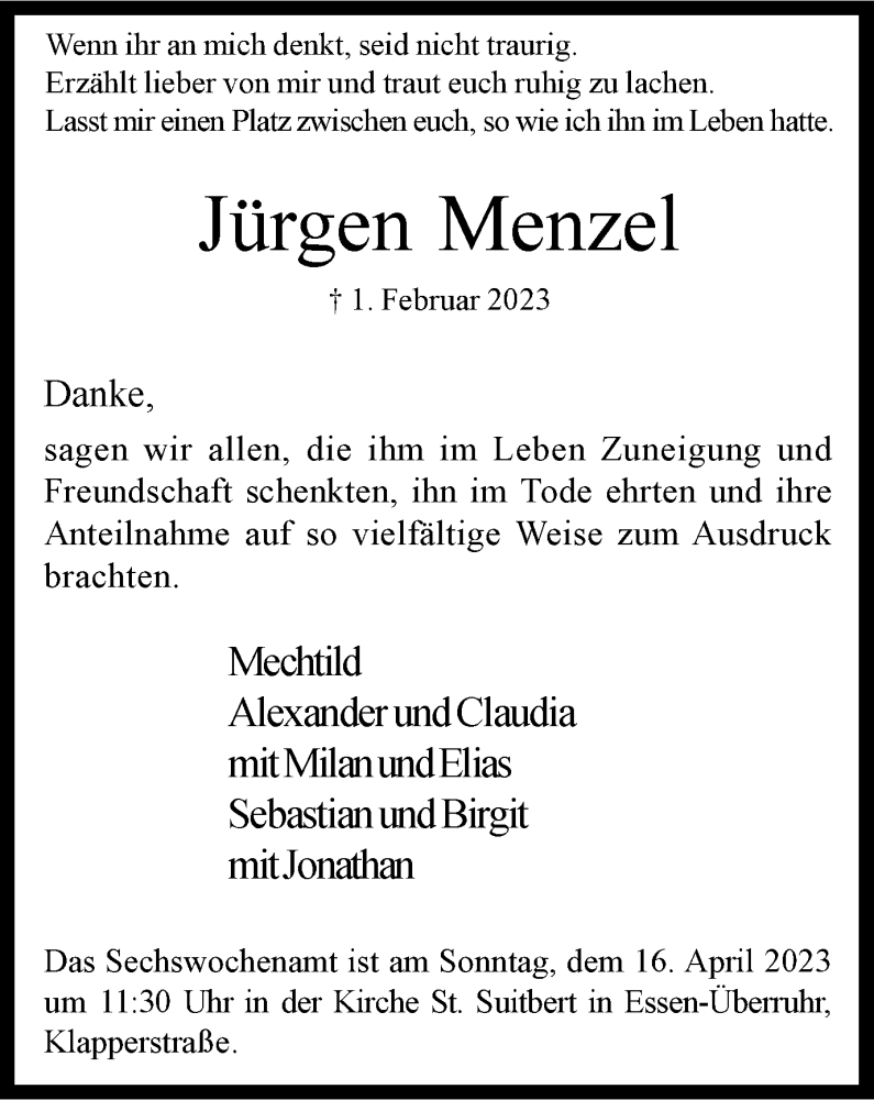  Traueranzeige für Jürgen Menzel vom 01.04.2023 aus Tageszeitung