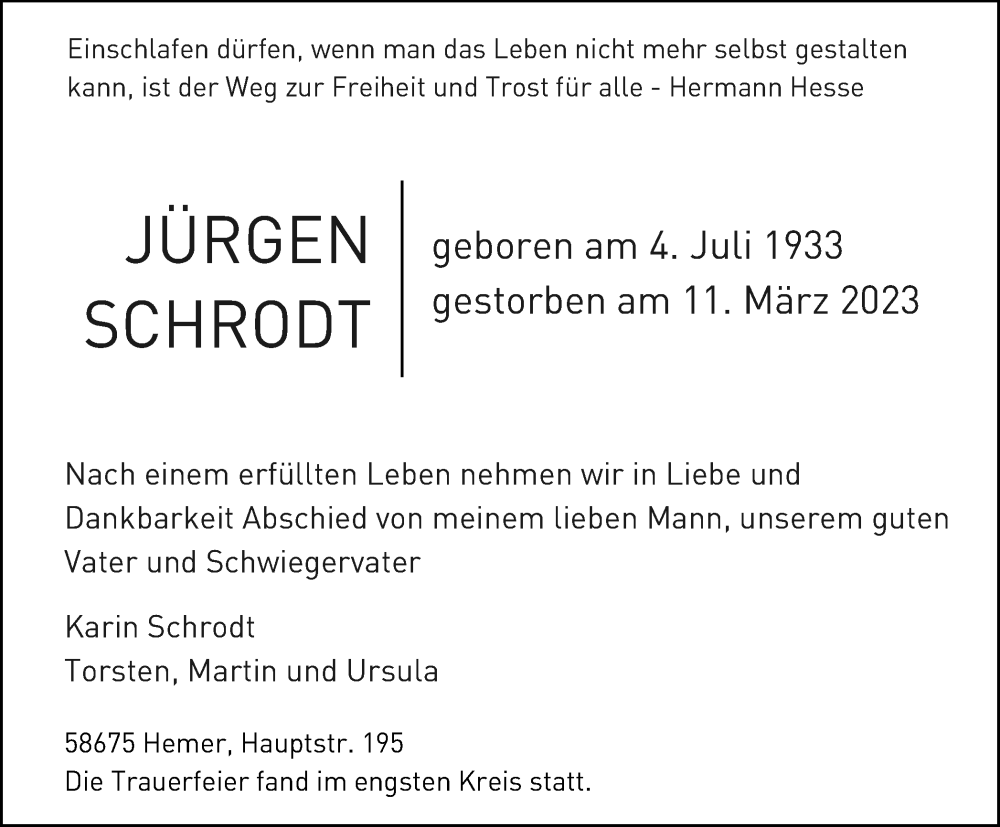  Traueranzeige für Jürgen Schrodt vom 01.04.2023 aus Tageszeitung