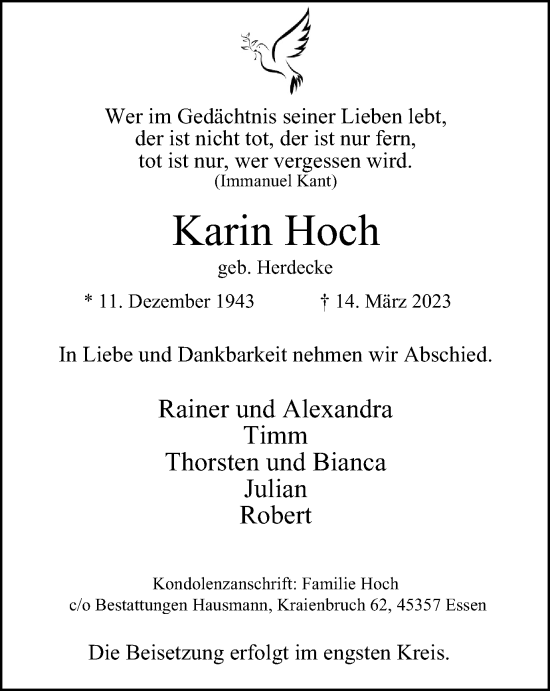 Traueranzeige von Karin Hoch von Tageszeitung