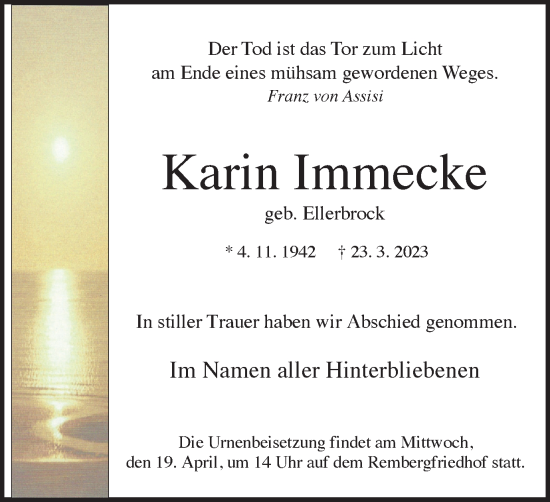 Traueranzeige von Karin Immecke von Tageszeitung