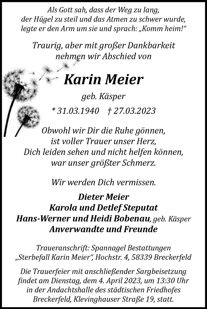  Traueranzeige für Karin Meier vom 01.04.2023 aus Tageszeitung