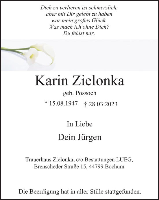 Traueranzeige von Karin Zielonka von Tageszeitung