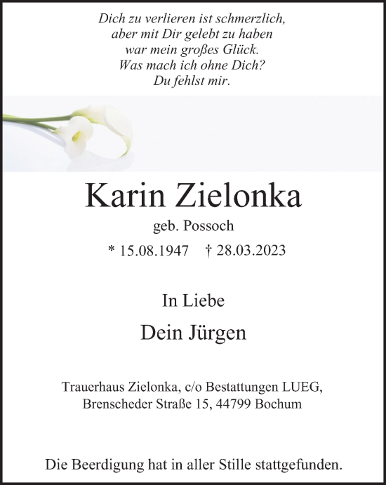 Traueranzeige von Karin Zielonka von Tageszeitung
