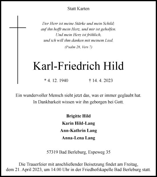 Traueranzeige von Karl-Friedrich Hild von Tageszeitung