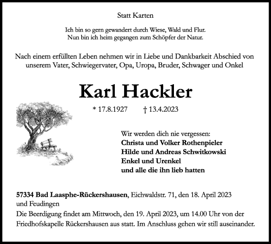 Traueranzeige von Karl Hackler von Tageszeitung