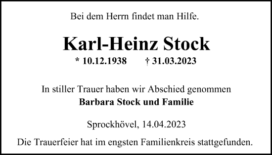 Traueranzeige von Karl-Heinz Stock von Tageszeitung