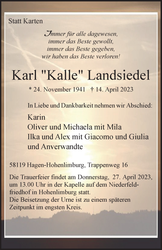 Traueranzeige von Karl Landsiedel von Tageszeitung