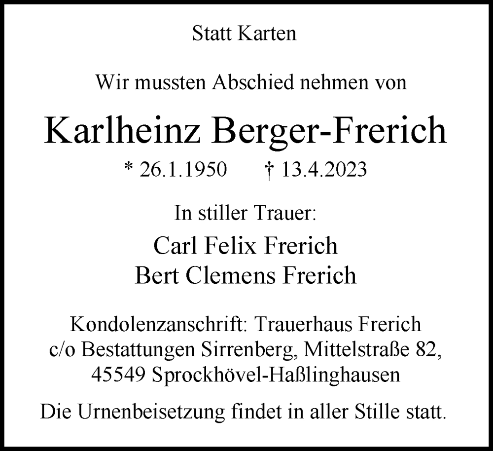  Traueranzeige für Karlheinz Berger-Frerich vom 22.04.2023 aus Tageszeitung
