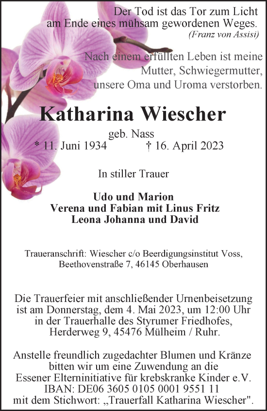 Traueranzeige von Katharina Wiescher von Tageszeitung