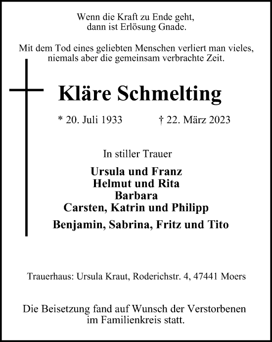 Traueranzeige von Kläre Schmelting von Tageszeitung