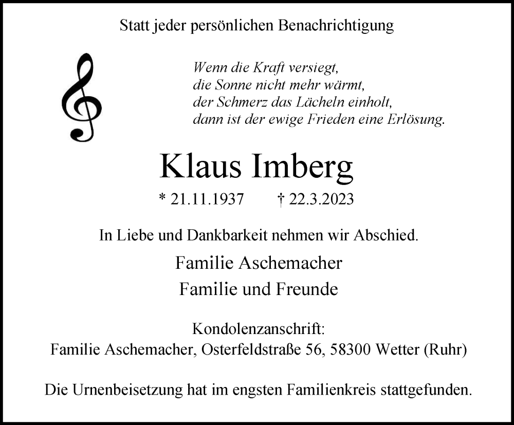  Traueranzeige für Klaus Imberg vom 15.04.2023 aus Tageszeitung