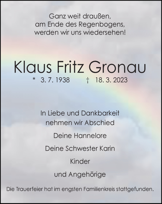 Traueranzeige von Klaus Fritz Gronau von Tageszeitung