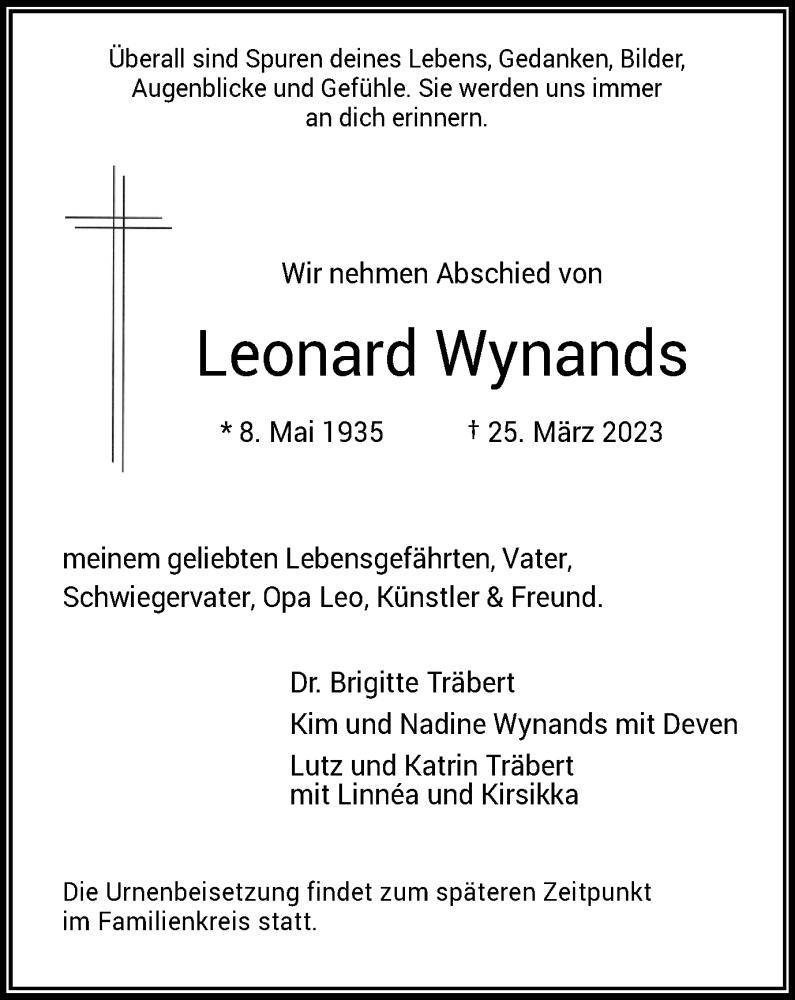  Traueranzeige für Leonard Wynands vom 01.04.2023 aus Tageszeitung